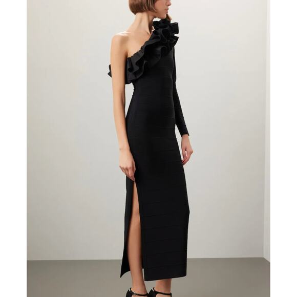 Herve Leger Black Bandage Gown MEDIUM One Shoulder Ruffle Formal Designer $1990 - Picture 2 of 12